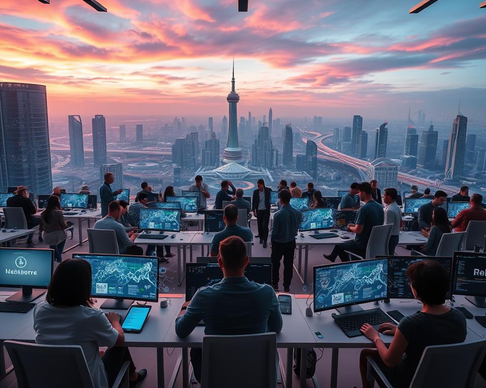 A bustling digital landscape, where a diverse array of entrepreneurs and innovators collaborate under a vibrant, neon-infused sky. In the foreground, sleek, minimalist workstations are arranged in a dynamic, open-plan layout, fostering a sense of connection and creativity. Holographic displays project intricate data visualizations, guiding the gründers through the latest industry trends and startup insights. Geometric shapes and abstract patterns dance across the screens, symbolizing the ever-evolving nature of the digital entrepreneurial ecosystem. In the middle ground, a central hub buzzes with activity, as mentors and investors engage in lively discussions, offering guidance and resources to the next generation of disruptors. The background showcases a panoramic view of a futuristic metropolis, its towering skyscrapers and interconnected transportation networks hinting at the vast potential for growth and expansion within this thriving digital community.