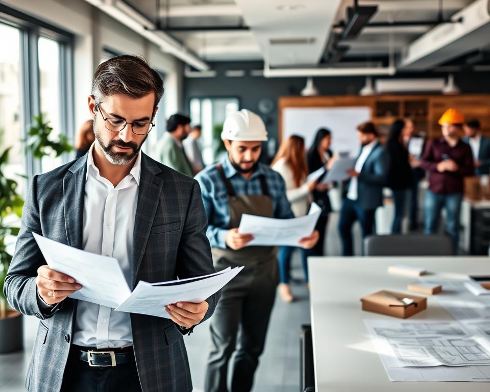 A bustling office scene, showcasing the diverse professionals who may require a commercial license. In the foreground, a well-dressed entrepreneur reviews paperwork, while a skilled tradesperson in the middle ground examines blueprints. In the background, a team of creatives collaborates on a new project, all framed by a sleek, modern interior with abundant natural lighting. The atmosphere conveys a sense of productivity, innovation, and the varying business needs that necessitate obtaining a commercial license.