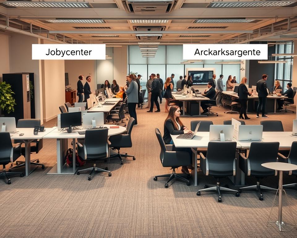 A bustling office setting, the Jobcenter and Arbeitsagentur stand in contrast. The Jobcenter, a utilitarian space, exudes an air of bureaucracy, with desks and chairs arranged in a systematic layout. In contrast, the Arbeitsagentur radiates a more professional and vibrant atmosphere, with sleek furnishings and a dynamic flow of activity. The foreground highlights the distinct differences in their approaches to self-employment, while the middle ground showcases the varying services and resources available at each institution. The background features a muted, yet sophisticated color palette, creating a sense of refinement and gravity. Soft, warm lighting illuminates the scene, lending a sense of approachability and professionalism. The overall composition conveys the nuanced differences between these two institutions and their roles in supporting entrepreneurial endeavors.