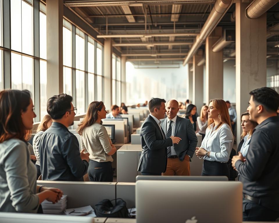 A bustling office space, illuminated by warm, natural lighting filtering through large windows. In the foreground, a team of professionals engaged in a lively discussion, their body language conveying the challenges and complexities of internal communication. The middle ground features a maze of cubicles and desks, symbolizing the organizational structure and the potential for miscommunication. In the background, a city skyline is visible, hinting at the broader context and the need for effective internal communication to navigate the dynamic business landscape. The scene radiates a sense of tension and determination, with the ultimate goal of achieving harmonious and productive collaboration within the company.