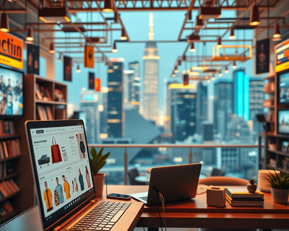 A bustling virtual marketplace filled with diverse digital business models. In the foreground, a sleek e-commerce platform showcases a range of customizable products, each rendered in high detail. The middle ground features a cozy home office setup, with a laptop and smartphone, symbolizing the flexibility of online entrepreneurship. In the background, a vibrant cityscape with skyscrapers and a modern, interconnected infrastructure, hinting at the global reach and scalability of digital enterprises. The scene is bathed in a warm, inviting light, conveying the sense of opportunity and innovation inherent in online business models. The overall composition reflects the boundless potential of leveraging digital tools and platforms to turn ideas into successful ventures.