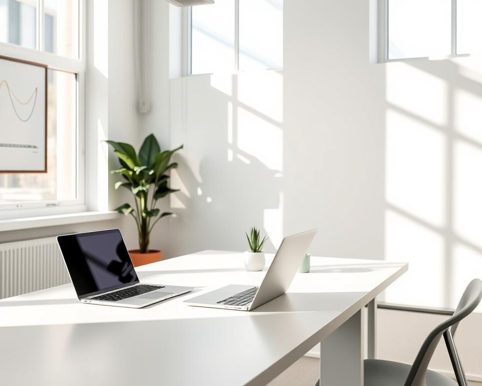 A clean, modern office interior with natural lighting streaming through large windows. A neatly arranged desk takes center stage, featuring a sleek laptop, a simple pen holder, and a small potted plant. The walls are adorned with minimalist artwork, conveying a sense of professionalism and focus. The room exudes a serene, productivity-enhancing atmosphere, inviting the viewer to imagine themselves exploring the details of "Gründungszuschuss" – a crucial financial resource for those embarking on entrepreneurial journeys. The composition is balanced, with the desk as the focal point, and the surrounding elements complementing the overall aesthetic.