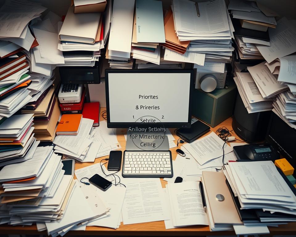 A cluttered desk with piles of paper, overflowing inboxes, and an array of electronic devices, all competing for attention. In the center, a concentric list of priorities, each circle representing a level of importance, guiding the viewer's eye towards the core tasks. Soft, diffused lighting casts a contemplative mood, inviting the viewer to consider their own daily challenges and the need to establish clear priorities. The composition emphasizes the complexity of modern life and the importance of mindfully managing one's time and resources.