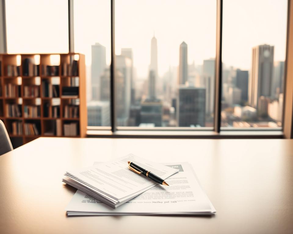 A contemporary office interior, with a minimalist desk and a large window overlooking a bustling city skyline. The scene is bathed in warm, natural light, creating a sense of calm and productivity. In the foreground, a stack of legal documents and a pen sit neatly on the desk, alluding to the process of registering a new business venture. The middle ground features a thoughtfully designed bookshelf, hinting at the research and preparation required for such an endeavor. The background showcases the vibrant urban landscape, symbolizing the dynamic and ever-evolving business environment. The overall atmosphere conveys a sense of professionalism, responsibility, and the rewarding experience of establishing a new enterprise.
