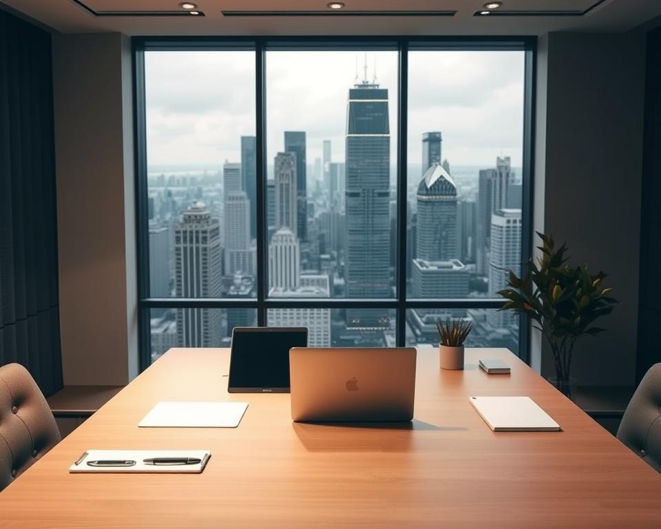 A contemporary office interior with a minimalist desk featuring a laptop, tablet, and office supplies, all in muted earth tones. Soft, diffused lighting illuminates the scene, creating a warm and professional atmosphere. The desk is situated in front of a large window overlooking a bustling city skyline, providing a sense of connection to the urban environment. The overall composition emphasizes the simplicity and functionality of the workspace, evoking a space conducive to focused work and entrepreneurial endeavors.