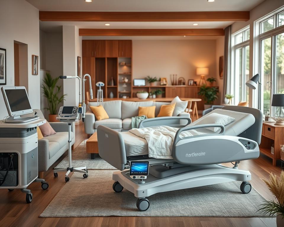 A cozy and modern home interior featuring a well-designed care system. Soft lighting illuminates a comfortable living room with plush seating, warm wooden accents, and strategically placed care equipment. In the foreground, an innovative medical bed blends seamlessly with the decor, showcasing the latest advancements in home healthcare technology. The middle ground displays a variety of assistive devices, from monitoring systems to mobility aids, all integrated harmoniously. The background reveals an open, airy layout with large windows, allowing natural light to fill the space and create a calming, wellness-focused ambiance.