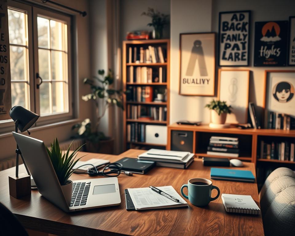 A cozy home office with a large wooden desk, a laptop, and various office supplies. Warm, natural lighting filters through the window, casting a soft glow on the scene. On the desk, a stylish plant and a cup of coffee sit alongside a notepad and pen, signifying the process of developing a business idea. The walls are adorned with inspirational artwork, creating a thoughtful and creative atmosphere. In the background, a bookshelf filled with relevant business and entrepreneurship books is visible, hinting at the research and preparation involved. The overall mood is focused, productive, and reflective, setting the stage for the development of a new business concept.