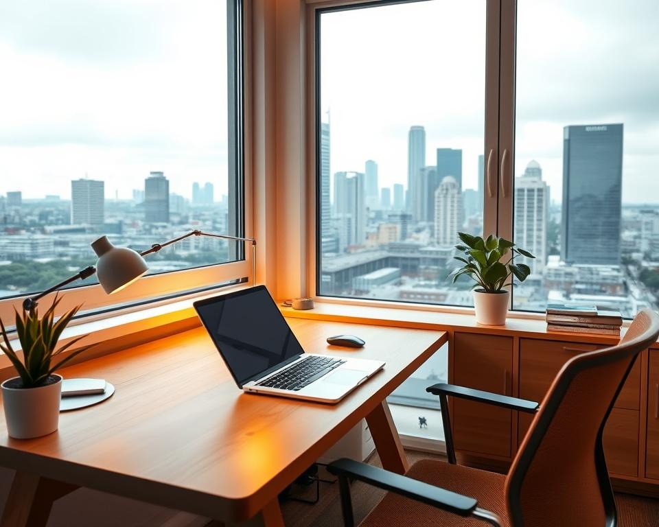 A cozy home office with a wooden desk, a sleek laptop, and a potted plant. Warm lighting casts a soft glow, highlighting the clean lines and minimalist decor. A large window in the background offers a view of a bustling city skyline, symbolizing the potential for growth and success in a service-based business. The scene conveys a sense of productivity, innovation, and entrepreneurial spirit, perfectly capturing the essence of "Dienstleistungsbasierte Unternehmensideen".