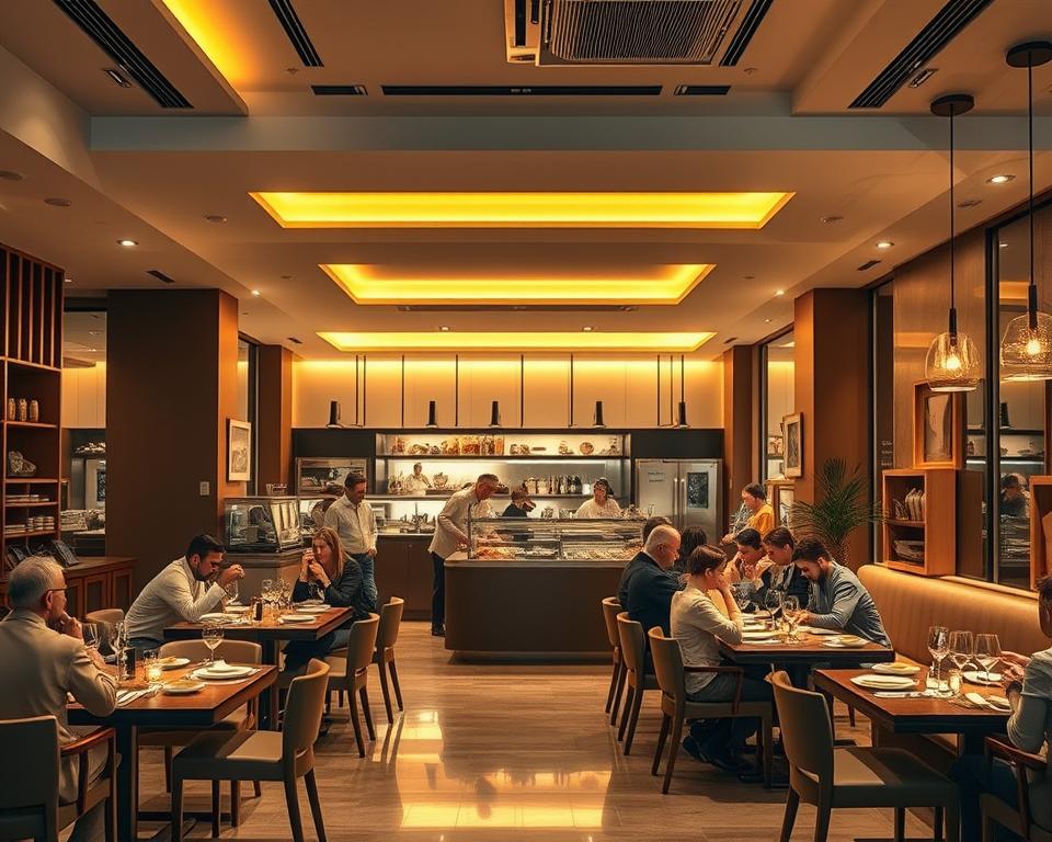 A cozy, modern restaurant interior with an open kitchen, warm lighting, and sleek furnishings. The entrance features a large, inviting entryway with a prominent host stand. Patrons are seated at neatly arranged tables, enjoying an array of delectable dishes. The atmosphere exudes a sense of sophisticated dining, with the aroma of fresh, expertly prepared cuisine permeating the air. The space is bathed in a soft, golden glow, creating a welcoming and visually appealing ambiance. The overall scene conveys the idea of a successful, high-quality restaurant business that seamlessly combines fine dining and a profitable enterprise.