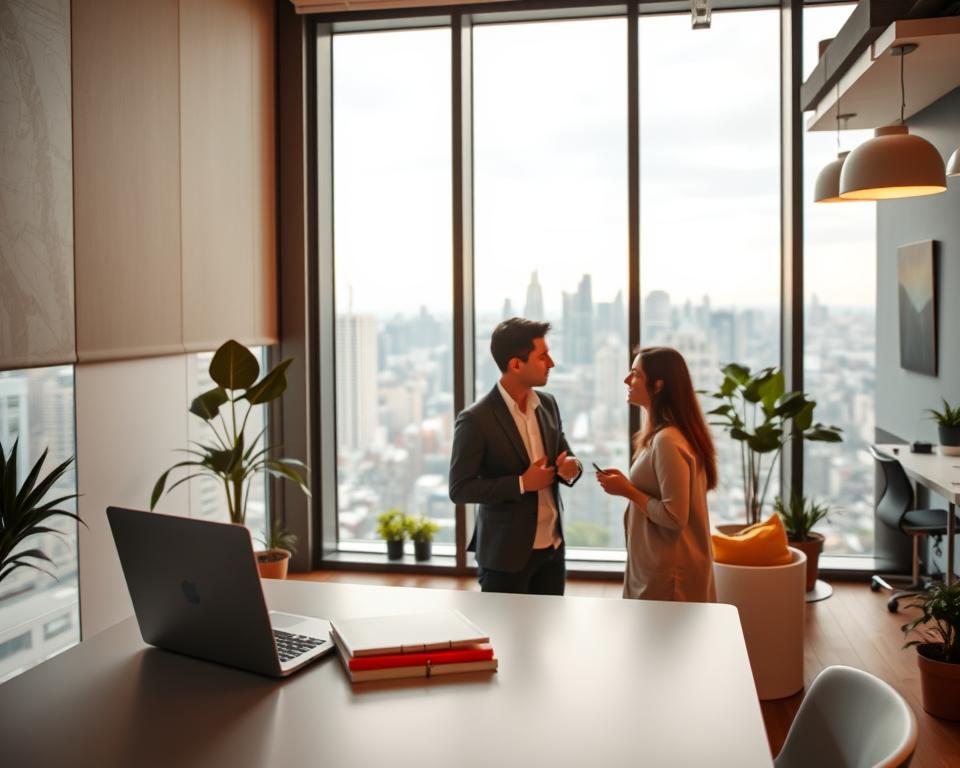 A cozy office interior with a large window overlooking a bustling city skyline. Warm, diffused lighting creates a serene atmosphere. In the foreground, a sleek, minimalist desk with a laptop, notebook, and a few carefully placed office supplies. The middle ground features two employees engaged in a thoughtful discussion, their body language conveying active listening and collaboration. The background showcases a modern, open-concept layout with strategically placed plants and artwork, suggesting a progressive, innovative work environment that prioritizes internal communication and teamwork.