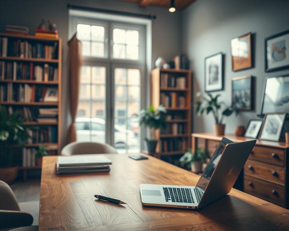 A cozy office setting with a warm, inviting atmosphere. The foreground features a wooden desk with a laptop, pen, and a small potted plant, suggesting a space for creativity and focus. In the middle ground, a large window allows natural light to fill the room, casting a soft, ambient glow. In the background, a bookshelf filled with various publications and a few framed artworks adds depth and a sense of intellectual engagement. The overall mood is one of thoughtful contemplation, inspiring the viewer to embark on a new business idea.