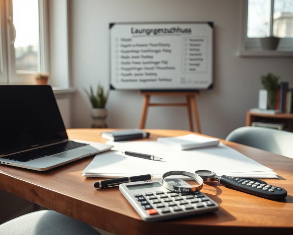 A cozy office setting with a wooden desk, a laptop, and a stack of documents. Soft, natural lighting filters through large windows, casting a warm glow. On the desk, a pen, a magnifying glass, and a calculator symbolize the diligent preparation required for a successful business venture. In the background, a wall-mounted whiteboard displays a checklist of key requirements for the Gründungszuschuss, the startup grant program. The overall atmosphere is one of thoughtful planning and attention to detail, reflecting the careful consideration needed to meet the prerequisites for this important entrepreneurial support.