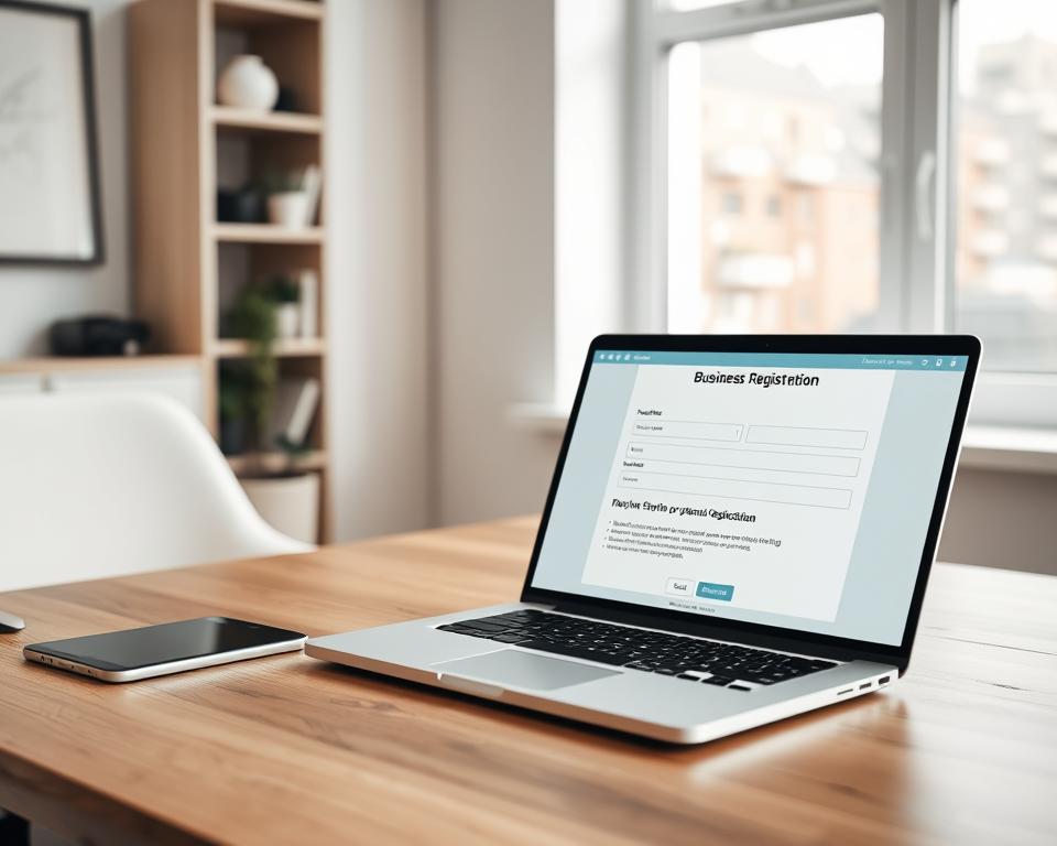 A cozy, well-lit office scene with a sleek laptop on a modern wooden desk. A clean, minimalist workspace with a large window providing natural light. The laptop screen displays an intuitive online form for a business registration, with simple step-by-step instructions guiding the user through the process. The atmosphere is professional yet inviting, conveying the ease and efficiency of completing this administrative task online. The scene is captured from a slightly elevated angle, giving a sense of organization and clarity to the workflow. A cozy, well-lit office scene with a sleek laptop on a modern wooden desk. A clean, minimalist workspace with a large window providing natural light. The laptop screen displays an intuitive online form for a business registration, with simple step-by-step instructions guiding the user through the process. The atmosphere is professional yet inviting, conveying the ease and efficiency of completing this administrative task online. The scene is captured from a slightly elevated angle, giving a sense of organization and clarity to the workflow.