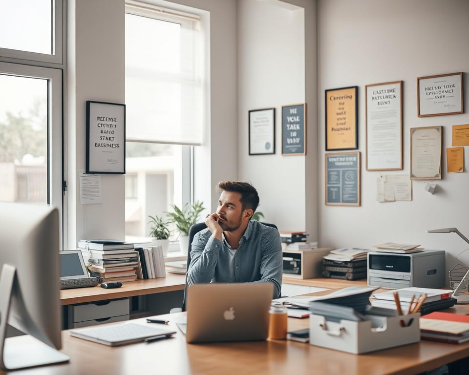 A cozy, well-lit office space with a large desk, a computer, and various stationery items. In the foreground, a businessperson sits at the desk, deep in thought, considering their options for starting a new venture. The walls are adorned with certificates and motivational posters, creating an atmosphere of professionalism and support. Soft, natural lighting filters in through large windows, illuminating the scene and conveying a sense of warmth and encouragement. The overall mood is one of optimism and determination, reflecting the benefits of accessing resources for starting a new business.