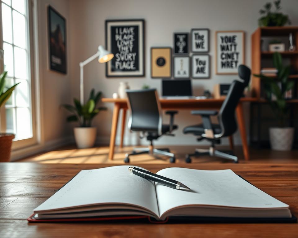 A cozy, well-lit office space with a large wooden desk and ergonomic chair. A potted plant and a minimalist desk lamp add a touch of greenery and illumination. The walls are adorned with inspirational artwork, hinting at the owner's creative mindset. In the foreground, a notebook and pen lie open, capturing the process of brainstorming and ideation. The scene exudes a sense of focus, productivity, and the excitement of a new business venture.