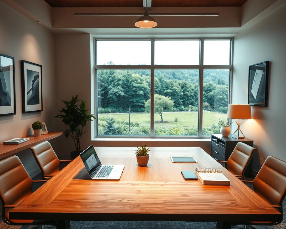A cozy, well-lit office space with a modern, minimalist aesthetic. A large, wooden desk takes center stage, its surface adorned with a sleek laptop, a few carefully placed office supplies, and a potted plant. The walls are a soothing neutral tone, accented by a few framed abstract artworks. Warm, indirect lighting from overhead fixtures casts a soft glow throughout the room, creating a sense of tranquility and professionalism. The large window behind the desk offers a picturesque view of a lush, green landscape, hinting at the connection between the indoor and outdoor environments. The overall atmosphere conveys a sense of productivity, focus, and the potential for new beginnings.