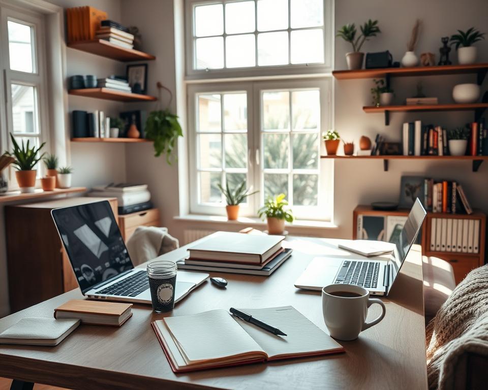 A cozy, well-organized home office with natural lighting streaming through large windows. On the desk, an open notebook, a pen, and a cup of steaming coffee sit alongside a laptop and various office supplies. Shelves on the wall display neatly arranged books, plants, and personal mementos, creating a sense of productivity and self-reliance. The room has a warm, inviting atmosphere, with soft textures and muted colors that evoke a comfortable, focused environment for independent work.