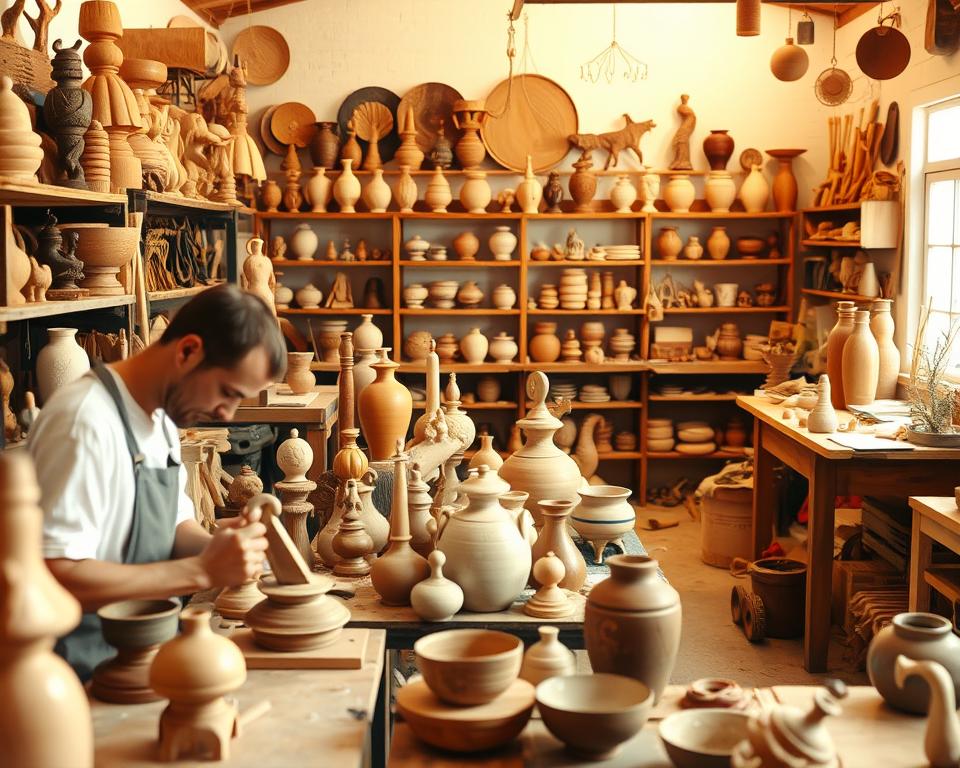 A cozy workshop filled with an array of handcrafted items, from wooden sculptures to ceramic vases, all bathed in warm, natural lighting. In the foreground, a skilled artisan works diligently on a new project, their hands skillfully shaping the material. The middle ground showcases a diverse selection of unique, one-of-a-kind products, each with its own distinct character. In the background, a well-organized workspace with shelves and tools, suggesting a harmonious blend of creativity and efficiency. The overall atmosphere radiates a sense of passion, innovation, and the rewarding experience of transforming raw materials into something extraordinary.