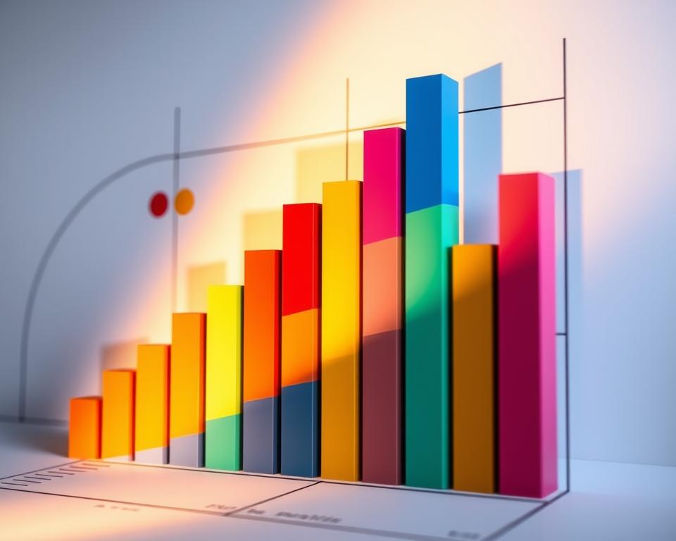 A detailed bar chart depicting various revenue streams and profit models, illuminated by warm, directional lighting that casts dimensional shadows. The foreground features a vibrant, gradient-filled bar graph showcasing a diverse array of income sources, each represented by a distinct color and geometric shape. The middle ground incorporates subtle, abstract shapes and patterns that complement the financial data visualization. The background maintains a minimalist, clean aesthetic, allowing the central graphic to take center stage and convey the multi-faceted nature of the business model. The overall composition strikes a balance between analytical precision and creative visual interest, reflecting the nuanced financial strategies at the heart of the subject matter.