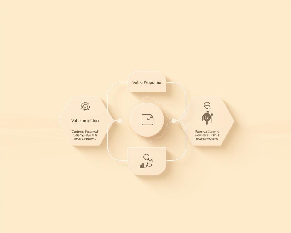 A detailed, elegant illustration of the fundamental components of a business model. A sleek, modern visual with a minimalist aesthetic. In the foreground, a series of interlocking geometric shapes representing the key pillars - value proposition, customer segments, revenue streams, and so on. Rendered in a warm, neutral color palette with soft shadows and highlights to convey depth and dimensionality. The middle ground features clean, simple iconography to further elucidate these core business model elements. The background is a subtly textured, gradient-infused expanse, suggesting the broader context and environment in which the model operates. The overall composition is balanced, cohesive, and visually striking, conveying the essential, foundational nature of business model fundamentals.