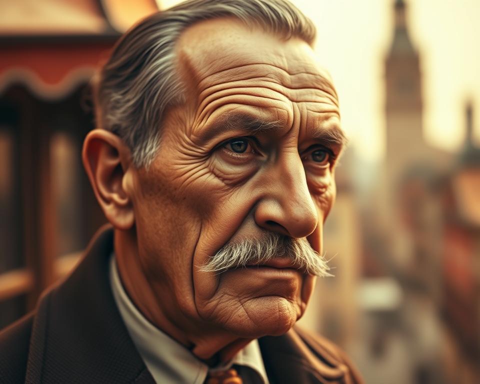 A detailed historical portrait of Max Herz, the founder of the Tchibo coffee company. Set against a warm, sepia-toned backdrop, the image captures Herz's stern, weathered features in a high-contrast close-up. Soft natural lighting illuminates his face, casting subtle shadows that accentuate his distinctive facial structure. The composition places Herz in the foreground, with a blurred, vintage-inspired cityscape visible in the background, hinting at the rise of the Tchibo business empire during his lifetime. The overall mood is one of nostalgia and a sense of the pioneering spirit that drove Herz's entrepreneurial vision.