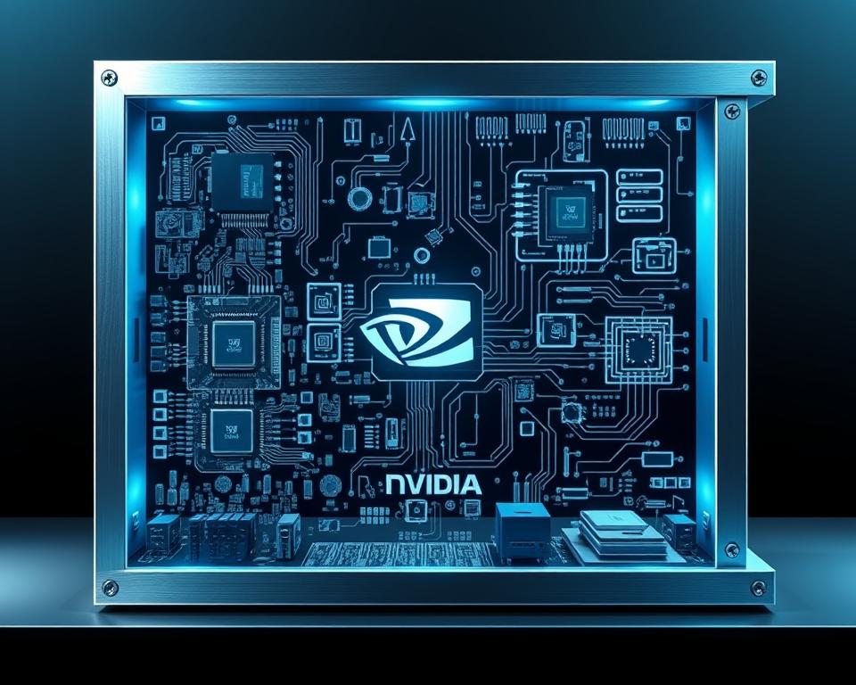 A detailed, technical illustration showcasing the seamless integration between hardware and software components within the Nvidia business model. The composition features a sleek, metallic frame in the foreground, housing intricate circuit boards, microchips, and other electronics, all bathed in a cool, blue-tinted lighting. The middle ground depicts various software modules and algorithms, represented by abstract, geometric shapes and patterns, seamlessly interfacing with the hardware elements. The background maintains a sense of depth, with a subtle gradient evoking a futuristic, high-tech atmosphere. The overall scene conveys a harmonious balance between the physical and digital realms, encapsulating the core essence of Nvidia's integrated approach.