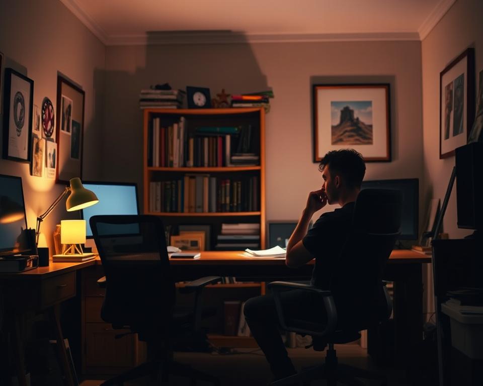 A dimly lit home office with a desk, chair, and various personal items. Warm lighting illuminates a contemplative person sitting at the desk, deep in thought. The scene conveys a sense of introspection, as the individual ponders the personal qualities and motivations required for self-employment. In the background, a bookshelf and framed artwork suggest an intellectual and creative environment. The overall atmosphere is one of focus, determination, and the pursuit of independent endeavors.