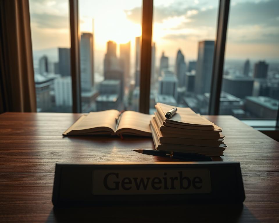 A dimly lit office setting, the foreground features a wooden desk with a simple nameplate reading "Gewerbe". Behind it, a large window overlooking a bustling city skyline, bathed in the warm glow of the setting sun. On the desk, an open ledger, a quill pen, and a stack of official-looking documents. The atmosphere is one of contemplation and quiet professionalism, inviting the viewer to imagine the process of registering a new business venture. The camera angle is positioned slightly elevated, creating a sense of authority and importance. The lighting is soft and dramatic, casting subtle shadows that add depth and dimension to the scene.