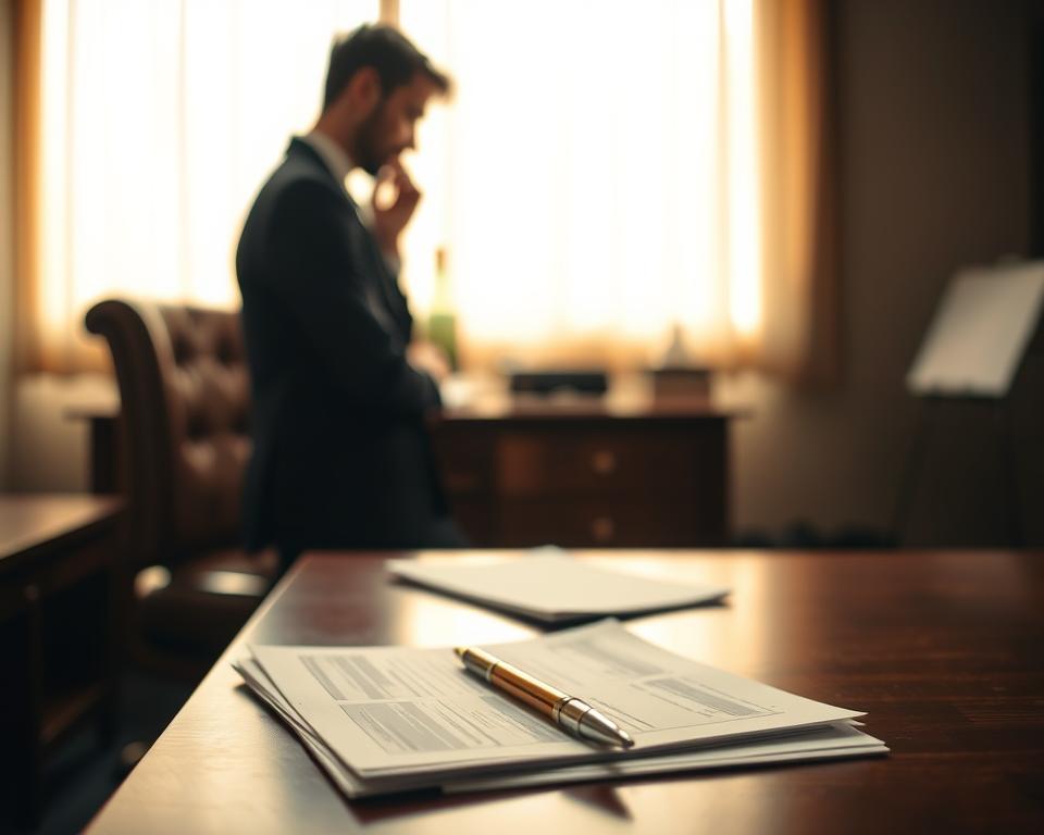 A dimly lit office setting, with a wooden desk and leather chair in the foreground. On the desk, a stack of papers and a pen, symbolizing the process of task evaluation. In the middle ground, a person in a contemplative pose, pondering the documents before them. The background is softly blurred, suggesting a thoughtful, introspective atmosphere. The lighting is warm and gentle, creating a sense of focus and concentration. The scene conveys the act of carefully reviewing and prioritizing tasks, as part of the process of setting goals and managing responsibilities.