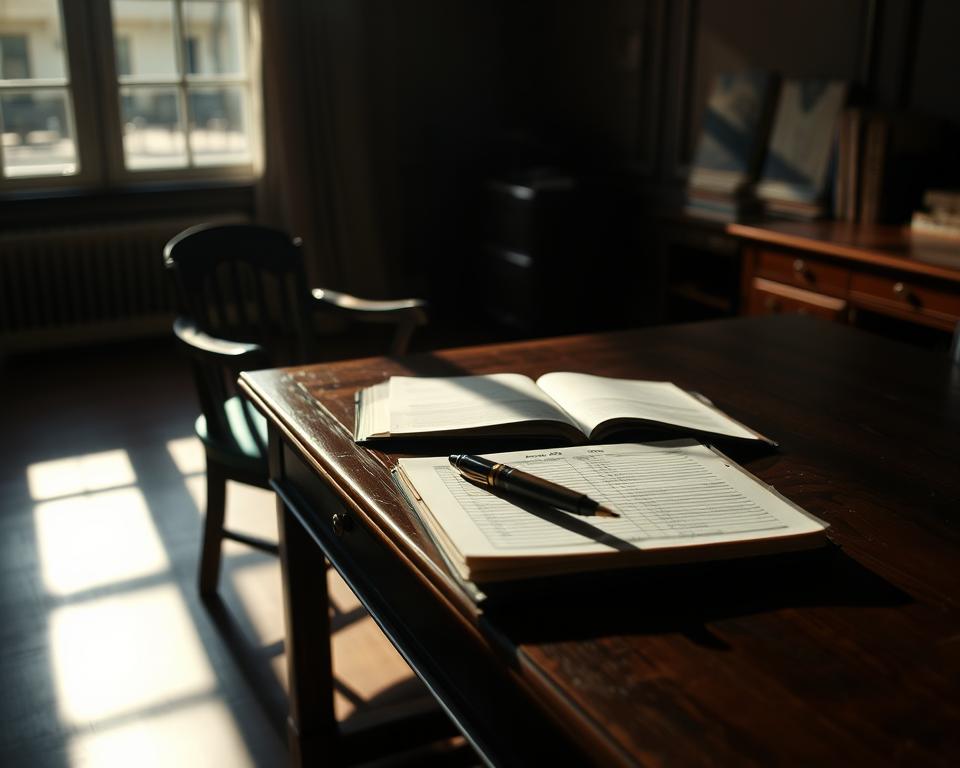 A dimly lit office space with a wooden desk and chair, casting long shadows across the floor. On the desk, an open ledger and a vintage ink pen, hinting at the act of meticulously recording business transactions. The atmosphere is one of quiet contemplation, the attention focused on the task at hand. The lighting is soft and warm, creating a sense of timelessness, as if this scene could have unfolded in the past or the present. The overall mood is one of professional diligence and attention to detail, reflecting the subject of "Gewerbeanmeldung rückwirkend" and the "Schritt-für-Schritt-Anleitung zur nachträglichen Anmeldung".