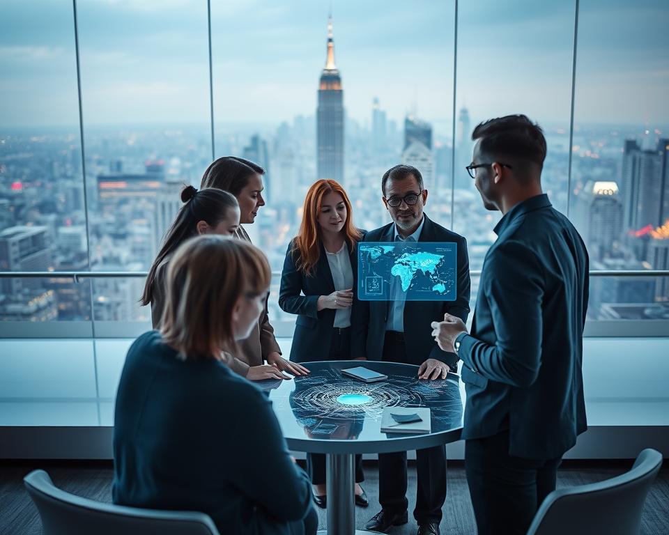 A dynamic, futuristic coaching session with the "HPA Methode" approach. In the foreground, a team of professionals engages in an interactive discussion, their faces illuminated by the soft glow of holographic displays. The middle ground showcases a sleek, minimalist workspace, with clean lines and subtle hues of blue and gray. In the background, a panoramic view of a bustling, high-tech city skyline sets the stage for this innovative coaching experience. The overall atmosphere exudes a sense of cutting-edge technology, collaborative problem-solving, and a forward-thinking approach to business strategy.