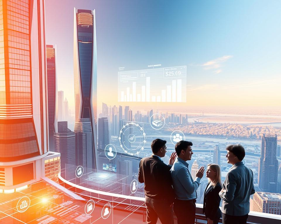 A futuristic cityscape bathed in a warm, golden glow, with towering skyscrapers and sleek, streamlined architecture. In the foreground, a group of businesspeople discuss innovative ideas, their expressions animated and enthusiastic. Holograms and digital displays hover in the air, showcasing cutting-edge technologies and new business concepts. The middle ground is filled with a bustling, tech-driven environment, where people navigate through interactive displays and engage with the latest gadgets. In the background, a vast, open landscape extends, suggesting boundless opportunities for growth and expansion. The overall scene conveys a sense of progress, innovation, and the boundless potential of new business ideas.