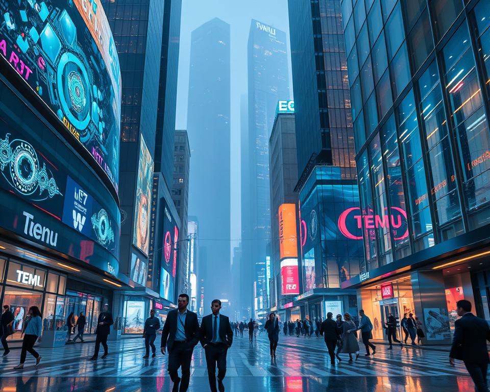 A futuristic cityscape bathed in cool, neon-tinged lighting, showcasing the seamless integration of data-driven commerce. Sleek, high-rise buildings with holographic displays and transparent facades reveal the inner workings of a dynamic, technology-driven marketplace. In the foreground, a group of well-dressed individuals navigate through the bustling streets, their movements and transactions seamlessly tracked and analyzed by an omnipresent digital infrastructure. The scene exudes a sense of efficiency, innovation, and the power of data-driven decision-making, capturing the essence of the Temu business model.