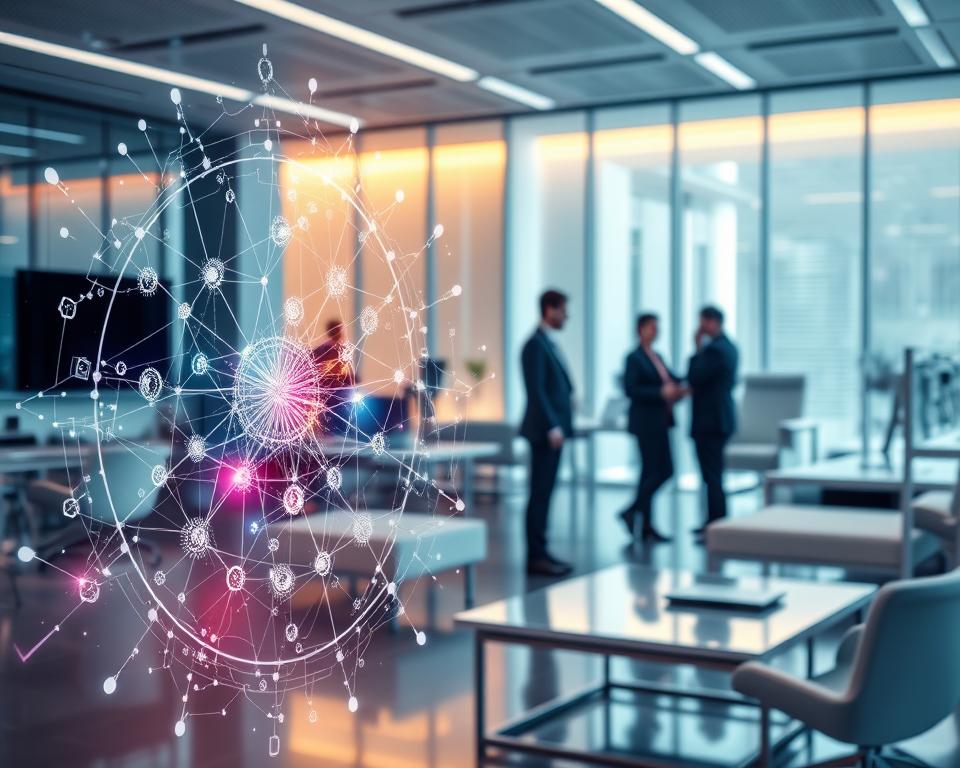 A futuristic corporate office setting, filled with sleek, minimalist furniture and cutting-edge technology. In the foreground, a holographic display showcases a complex network of interconnected nodes and data streams, representing the power of artificial intelligence. The middle ground features a team of professionals, their faces obscured, immersed in deep concentration as they collaborate on innovative AI-driven solutions. The background is bathed in a warm, ambient lighting, creating a sense of productivity and forward momentum. The overall atmosphere conveys the transformative potential of artificial intelligence in the modern business landscape.