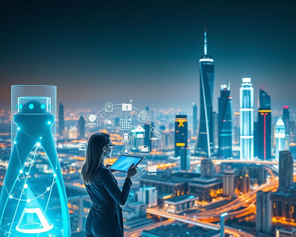 A futuristic digital business landscape unfolds, with sleek, minimalist structures and glowing holographic interfaces. In the foreground, a female entrepreneur navigates a seamless touchscreen display, exploring innovative revenue streams and streamlined operational models. The middle ground showcases a diverse array of virtual icons, representing the interconnected nature of modern business solutions. The background paints a vibrant cityscape, its towering skyscrapers and gleaming infrastructure embodying the dynamic potential of the digital age. Soft, ambient lighting casts a warm, inviting glow, capturing the essence of boundless opportunities in an era defined by technological transformation.