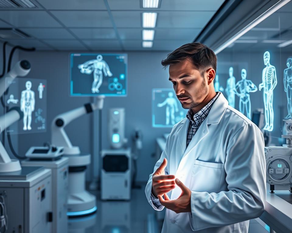 A futuristic medical laboratory filled with cutting-edge technology. Holographic displays showcase intricate 3D models of the human body, while robotic arms precisely manipulate delicate instruments. The sterile, minimalist environment is bathed in a soft, ambient glow, conveying a sense of scientific progress and innovation. In the foreground, a scientist in a white lab coat examines a glowing, translucent display, their expression one of deep contemplation. Sleek, efficient machines line the walls, hinting at the advancements in medical diagnostics and treatment that are transforming the healthcare industry. The overall scene evokes a vision of the future of medicine, where technology seamlessly integrates with the pursuit of human wellbeing.
