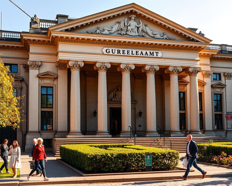 A grand municipal building with a neoclassical facade, its ornate columns and pediment commanding attention. Warm sunlight bathes the scene, casting dramatic shadows that accentuate the architectural details. Pedestrians stroll past, their figures adding a sense of scale and liveliness to the composition. The building's entrance is prominently featured, inviting visitors to explore the services and resources within. A meticulously landscaped garden frames the structure, its manicured hedges and flowering plants complementing the stately presence of the Gewerbeamt. The overall impression is one of civic pride, efficiency, and a dedication to serving the community.