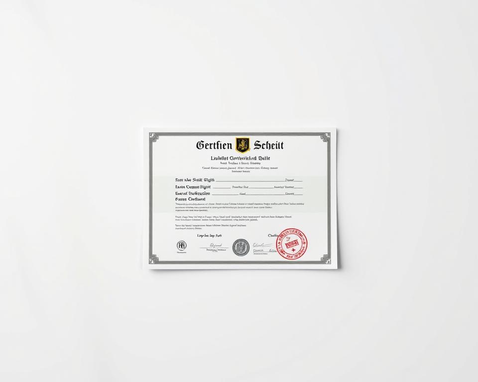 A high-quality, detailed illustration of a Gewerbeschein, a legal document granting the holder the right to operate a commercial business. The image depicts the Gewerbeschein against a clean, minimalist background, showcasing its formal, official appearance. The document is presented with precision, capturing its intricate design elements, seals, and official stamps. The lighting is soft and even, highlighting the texture and weight of the paper. The composition places the Gewerbeschein in the center, allowing it to be the sole focus, with no distracting elements. The overall mood is one of professionalism, authority, and legality, conveying the importance and significance of this essential business document.