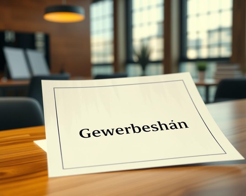 A high-quality, meticulously detailed document with a crisp, official appearance, resting on a wooden surface in a well-lit, professional office setting. The document features a clean, minimalist design with a bold title "Gewerbeschein" prominently displayed, conveying a sense of authority and legitimacy. Warm, directional lighting casts subtle shadows, adding depth and dimension to the scene. The image captures the essence of a crucial business license, emphasizing its importance and the formality associated with its acquisition.