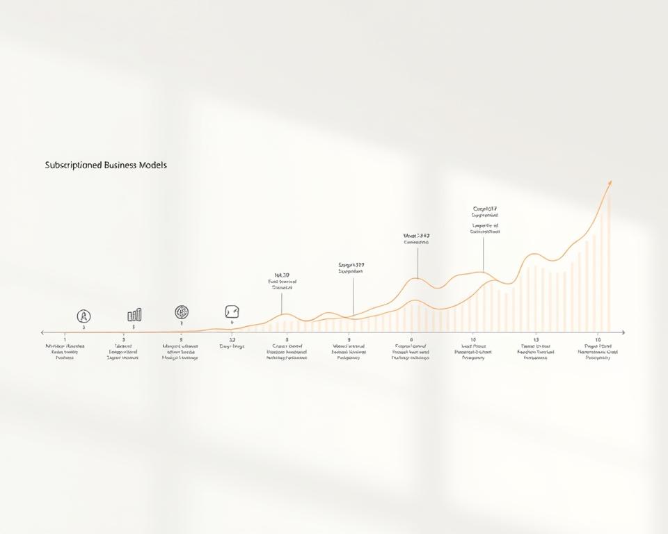 A historical chart depicting the evolution of subscription-based business models, rendered in a minimalist, data-driven style. The foreground showcases a clean timeline with key milestones marked by simple icons, representing the rise of recurring revenue models across various industries. The middle ground features a dynamic visualization of market trends and adoption curves, conveying the growth and diversification of this business approach. The background maintains a neutral, monochromatic palette, allowing the data-centric elements to take center stage and emphasize the analytical nature of the subject matter. Soft lighting and a slightly tilted camera angle add depth and visual interest to the composition.
