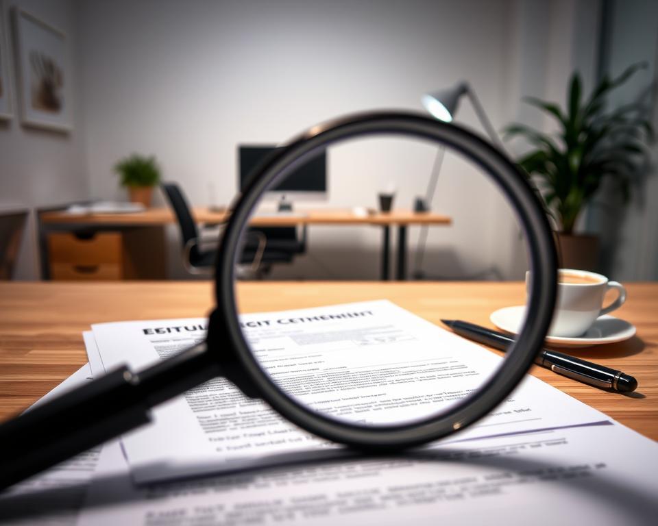 A meticulously crafted step-by-step guide for establishing a GmbH in Germany. In the foreground, a magnifying glass hovers over a series of official documents, signifying the attention to detail required. The middle ground features a desk with a computer, a pen, and a cup of coffee, symbolizing the administrative work involved. The background showcases a modern, minimalist office environment with clean lines and neutral tones, conveying a sense of professionalism and efficiency. Soft, directional lighting creates depth and highlights the key elements, while a shallow depth of field draws the viewer's focus to the important details. The overall mood is one of precision, organization, and a clear path to success in the process of founding a GmbH.