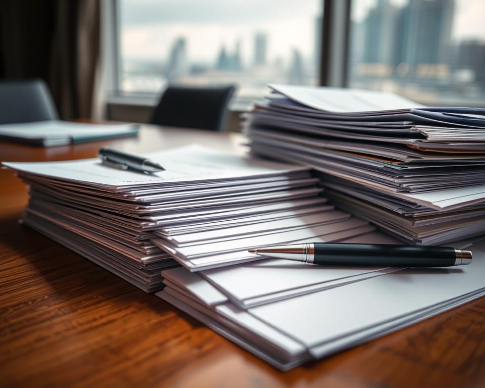 A meticulously organized stack of official-looking documents and forms, their crisp edges and clean lines conveying an atmosphere of professionalism and order. In the foreground, a sleek pen rests atop the pile, its silver finish catching the soft, directional lighting that illuminates the scene. The middle ground features a well-polished wooden desk, its grain and hue complementing the muted tones of the paperwork. In the background, a subtle, blurred cityscape can be seen through a large window, hinting at the broader context and purpose of these administrative materials.