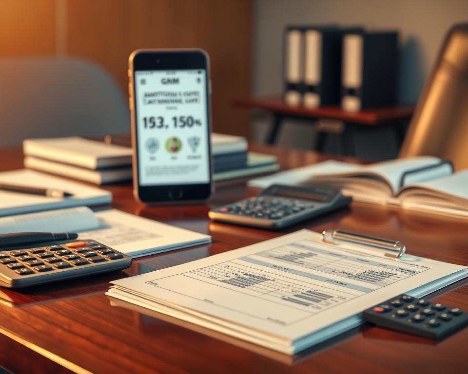 A meticulously rendered scene depicting the financial considerations involved in founding a German GmbH. The foreground showcases a collection of documents, ledgers, and calculators, all arranged neatly on a polished mahogany desk. Soft, warm lighting illuminates the scene, casting subtle shadows and highlighting the intricate details of the various financial instruments. In the middle ground, a smartphone displays a breakdown of the additional costs associated with establishing a GmbH, presented in a clean, infographic-style layout. The background subtly fades into a muted, professional office environment, emphasizing the serious nature of the subject matter. The overall mood conveys a sense of diligence, organization, and the careful consideration required when navigating the financial aspects of starting a new German limited liability company.