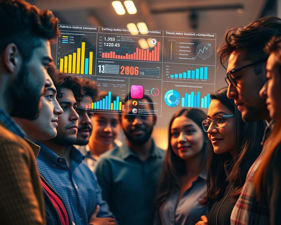 A mid-shot of a group of diverse individuals, their faces reflecting introspection and curiosity, gathered around a large holographic display showcasing colorful data visualizations, trend analysis graphs, and market research insights. The scene is bathed in a warm, ambient light, creating a sense of thoughtful engagement. The background blurs softly, emphasizing the group's focus on the data before them. The overall mood is one of exploration and discovery, as the group seeks to uncover emerging trends and untapped opportunities within the German market.