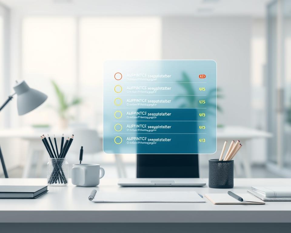 A modern and minimalist illustration depicting the concept of "Aufgabenpriorisierung" (task prioritization). In the foreground, a clean and simple desk surface with various office supplies neatly arranged. In the middle ground, a holographic or floating interface displaying a list of tasks, each with a different colored priority indicator. The background is a softly blurred, calming environment, perhaps an office interior or a serene natural landscape, to create a sense of focus and productivity. The lighting is soft and even, creating a professional and organized atmosphere. The overall mood is one of efficiency, organization, and clarity of thought.
