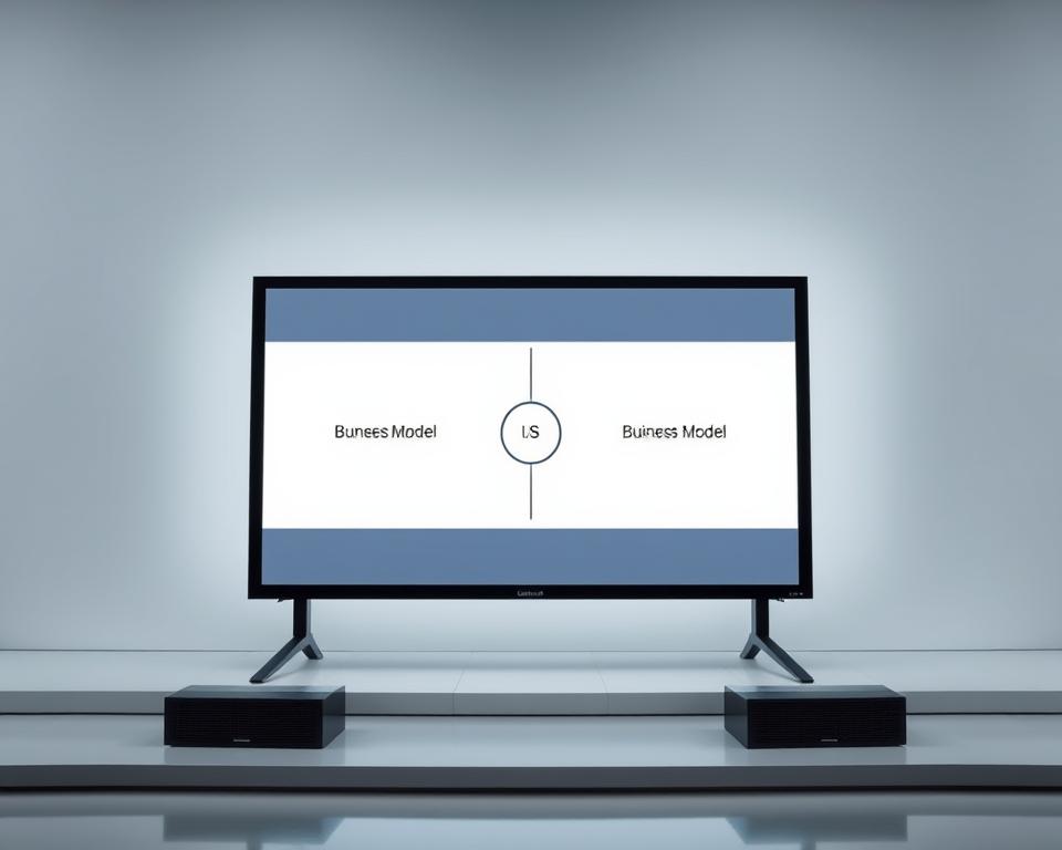 A modern business strategy and business model, represented by a sleek, minimalist diagram with clear delineation between the two concepts. The diagram is displayed on a large, high-resolution screen, set against a clean, bright background, with strategic lighting that highlights the stark contrast between the two elements. The overall composition conveys a sense of clarity, focus, and professionalism, capturing the essence of the "Geschäftsmodell vs. Unternehmensstrategie" concept in a visually striking manner.