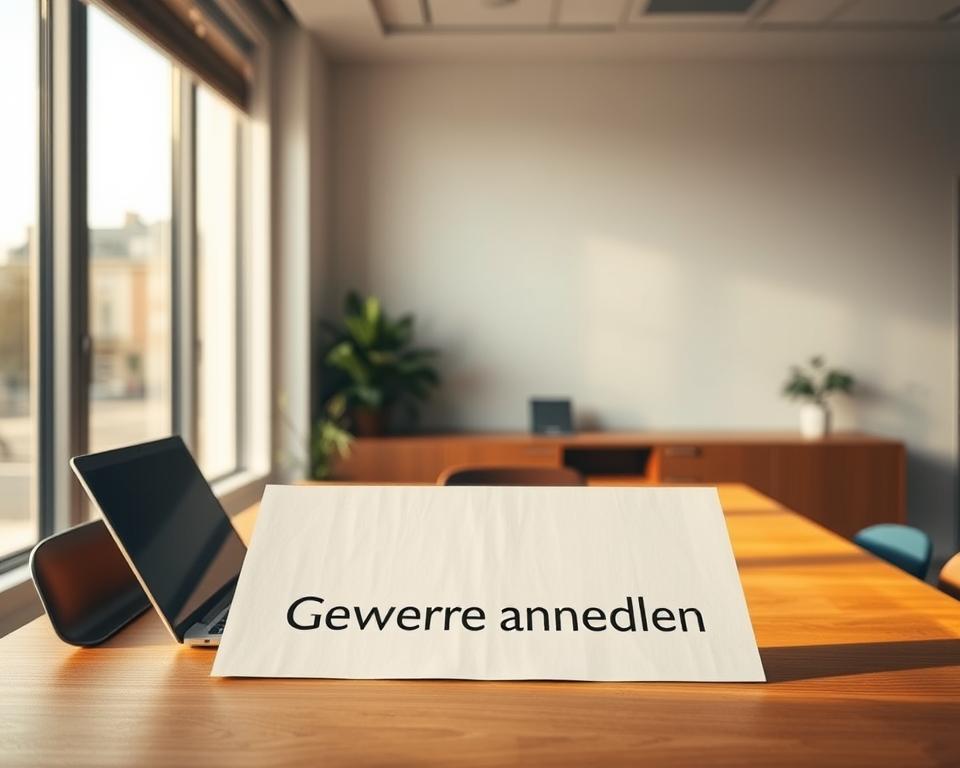 A modern, minimalist office interior with a wooden desk, a laptop, and a succinct document titled "Gewerbe anmelden". The scene is bathed in warm, natural lighting from a large window, casting a soft glow on the workspace. The overall atmosphere is one of efficiency, professionalism, and a sense of accomplishment. The image focuses on the essential elements required to represent the process of "Gewerbe anmelden", without any distracting details or text. A modern, minimalist office interior with a wooden desk, a laptop, and a succinct document titled "Gewerbe anmelden". The scene is bathed in warm, natural lighting from a large window, casting a soft glow on the workspace. The overall atmosphere is one of efficiency, professionalism, and a sense of accomplishment. The image focuses on the essential elements required to represent the process of "Gewerbe anmelden", without any distracting details or text.