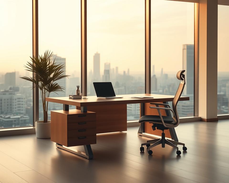 A modern, minimalist office interior with an elegant wooden desk and sleek, ergonomic chair. Warm, diffused lighting creates a calming atmosphere, while large windows offer a picturesque cityscape in the background. The desk is neatly organized, with a simple laptop and a few office supplies. The scene conveys a sense of professionalism and productivity, suitable for illustrating the "Voraussetzungen für die Beantragung" section of the article.