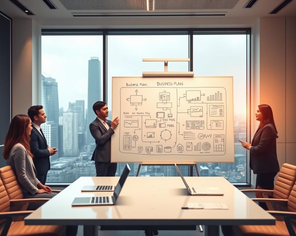 A modern, minimalist office setting with a large whiteboard in the foreground, showcasing a detailed business plan blueprint. The whiteboard is surrounded by a team of professionals in business attire, engaged in animated discussions. Soft, warm lighting illuminates the scene, creating a productive and collaborative atmosphere. The middle ground features a sleek conference table with laptops and stationery, while the background showcases floor-to-ceiling windows overlooking a bustling city skyline. The overall composition conveys the process of carefully crafting a comprehensive business plan.
