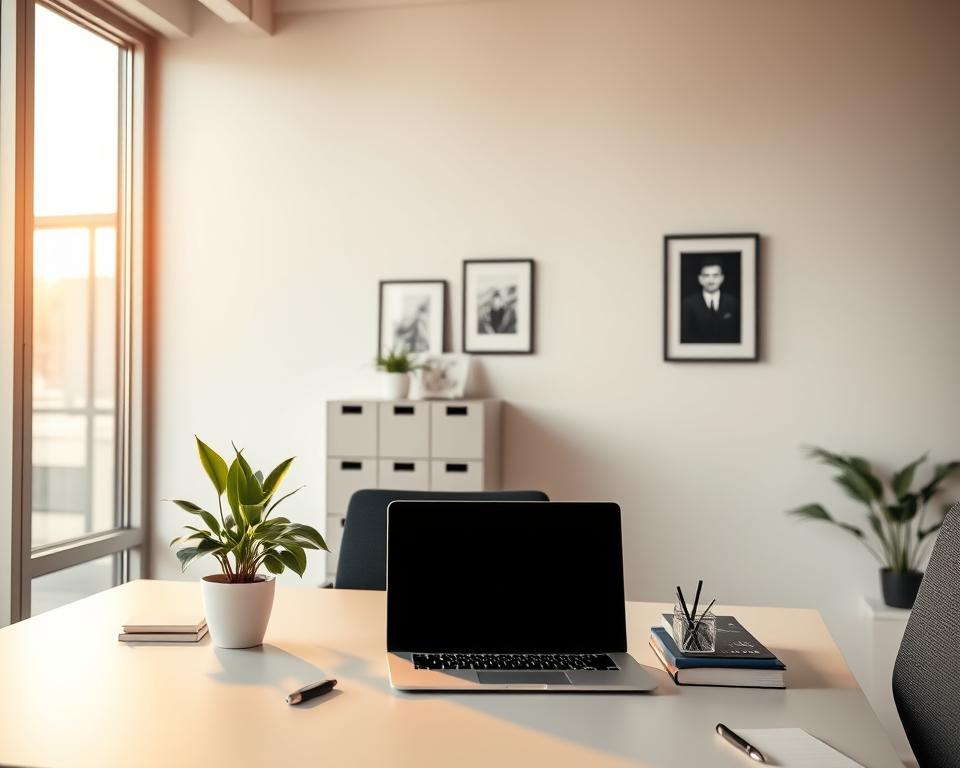 A modern, minimalist office setting with clean lines and a sleek, professional aesthetic. In the foreground, a desk with a laptop, a few neatly organized office supplies, and a potted plant, all bathed in warm, natural lighting from a large window. In the middle ground, a filing cabinet and a few framed art pieces on the wall, creating a sense of order and organization. The background features a neutral-toned wall, with subtle textures and a minimalist design aesthetic, conveying a calm and focused atmosphere. The overall scene evokes a sense of efficiency, attention to detail, and a thoughtful approach to business operations, perfectly capturing the essence of "gewerbe rückwirkend anmelden".